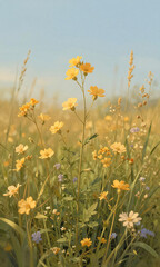 Fototapeta premium detailed floral meadow illustration showcases delicate stems blossoms warm golden tones soft gradient blue background
