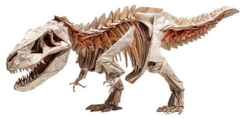 Origami dinosaur skeleton paper fossil art folded tyrannosaur model recycled newspaper craft intricate crease texture prehistoric sculpture neutral beige tone museum style creative, isolated