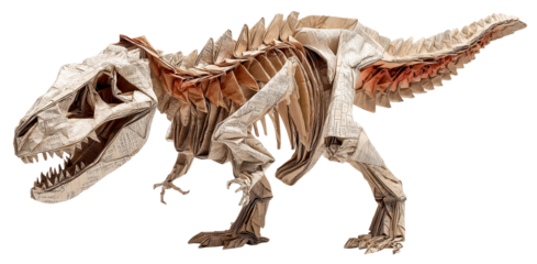 Origami dinosaur skeleton paper fossil art folded tyrannosaur model recycled newspaper craft intricate crease texture prehistoric sculpture neutral beige tone museum style creative, isolated