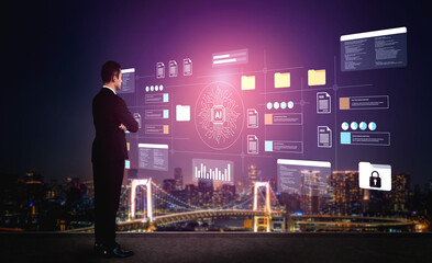 A businessman stands in a suit, analyzing a futuristic digital interface showcasing artificial intelligence data against a vibrant city skyline at night. Gantry