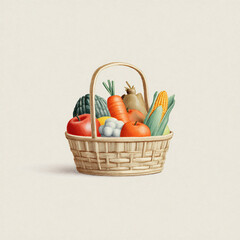Freshly harvested vegetables and fruits arranged in a woven basket ready for market sale in a cozy kitchen setting