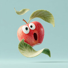 Surprised apple with eyes and mouth surrounded by leaves on a light blue background