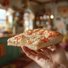 Delicious freshly baked pizza slice held by a hand in a cozy restaurant interior