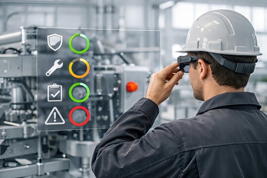 Advanced operator using augmented reality to monitor industrial machinery with real time data visualization and safety alerts highlighting efficiency and connectivity in modern manufacturing - Powered by Adobe