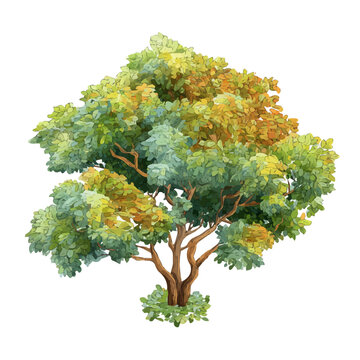Sassafras Tree illustrated in isometric watercolor style, isolated on white.