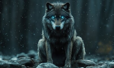 Powerful wolf with captivating glowing blue eyes in a snowy forest scene
