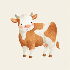 Cute cartoon cow illustration with a friendly smile set against a light background ideal for children's decor or educational material