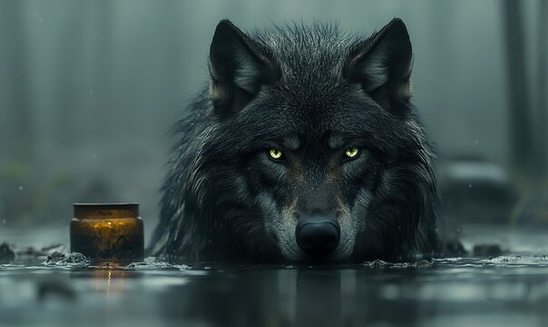 Intense black wolf with luminous yellow eyes in murky water, wild nature - Powered by Adobe