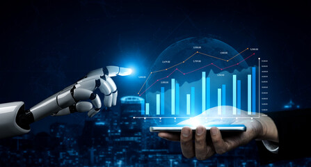 A futuristic scene showcasing a robotic hand interacting with a smartphone, displaying glowing data charts that represent technological advancements and innovation. Scalp