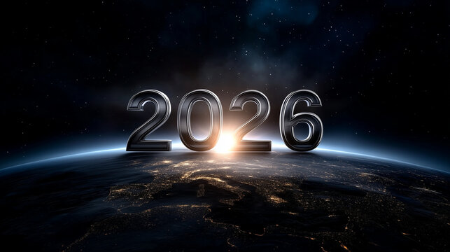 A dramatic futuristic New Year scene showing the large metallic numbers "2026" floating above the Earth, viewed from space. The planet is partially illuminated, revealing glowing c