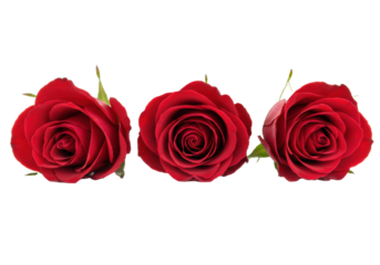 Three pristine crimson red roses with soft velvety petals and vibrant green stems, horizontally arranged against a transparent studio background with copy space, showcasing intricate detail concept of