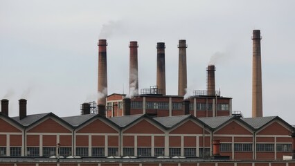 Fototapeta premium Industrial factory with multiple smoking chimneys and brick buildings
