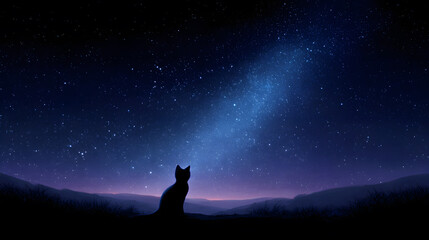 Cosmic Contemplation: Silhouette of a cat gazes up at a vibrant Milky Way, evoking a sense of wonder and connection to the vast cosmos.