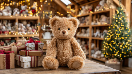 highly detailed, photorealistic interior scene of a cozy Christmas workshop filled with shelves densely packed with wrapped gifts and classic toys. In the foreground, a soft plush