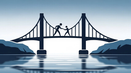 Bridge icon connecting two areas across calm water, humanitarian access symbol.