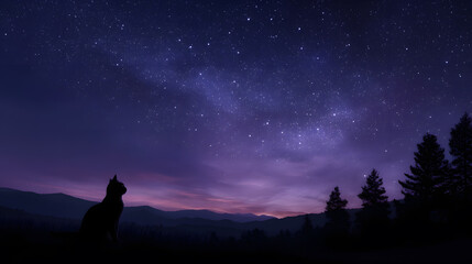 Fototapeta premium Cosmic Contemplation: Silhouette of a cat gazes up at a breathtaking panorama of stars across the expansive night sky.