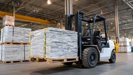 Industrial forklift stacking marble slabs with precision, fine stone details sharply rendered, warehouse ambience with shadows, high ceilings, and structural beams - Powered by Adobe