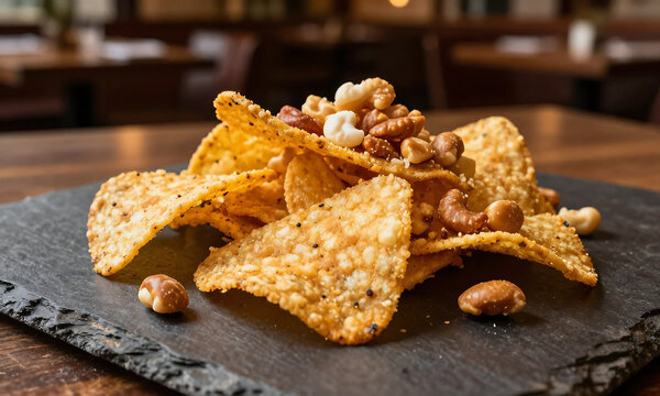 serving crispy corn chips mixed nuts arranged artfully atop weathered dark stone surface warm dimly lit