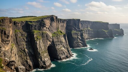 Dramatic coastal cliffs and sea arch over blue ocean water