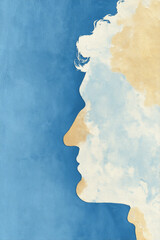 Silhouette of a person against a blue and beige background showing clouds and artistic interpretation