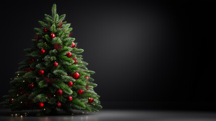 highly detailed, photorealistic studio composition featuring a full Christmas tree positioned on the right side of the frame against a deep, dark, clean background with ample negat