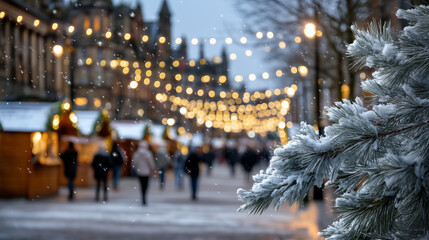 A highly detailed, photorealistic winter street scene capturing a bustling Christmas market during a snowy evening. In the foreground, a snow-dusted evergreen branch appears softly