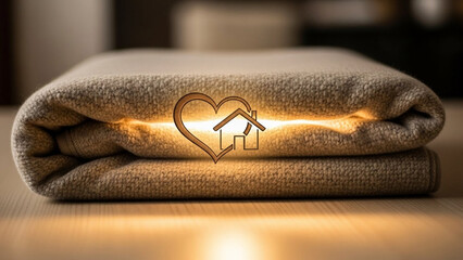 Blanket folded neatly with soft glow, care and shelter symbol.