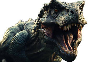 Close-up rendering of a terrifying prehistoric reptilian creature with sharp teeth and glowing eyes, ready to strike.