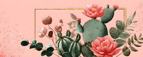 Pink green geometry wedding invitation with cactus and leaves.Vector birthday invitation for kid and baby.Editable element