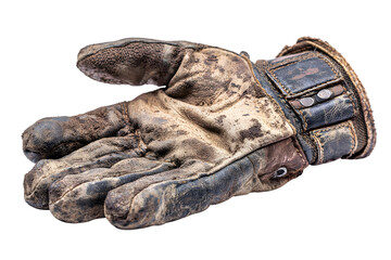 Worn Leather Work Glove with Dirt and Grime on Isolated Background