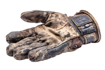 Worn Leather Work Glove with Dirt and Grime on Isolated Background