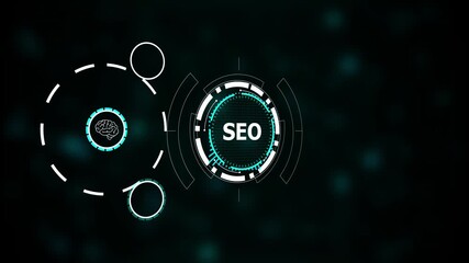SEO technology interface with futuristic HUD design. SEO dashboard for digital marketing, search performance, and online visibility. Modern SEO analytics visualization interface.