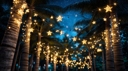 A highly detailed, photorealistic tropical night scene capturing palm trees illuminated with festive Christmas lights and glowing star-shaped garlands against a deep, clear blue ni