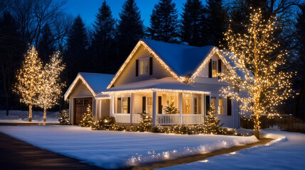 A highly detailed, photorealistic winter evening scene capturing a beautifully decorated suburban house in the United States during Christmas. The cozy family home is centered in t