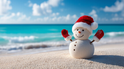 A highly detailed, photorealistic surreal holiday scene featuring a cheerful snowman standing on a sunny tropical beach. The snowman is centered in the frame, built from smooth san