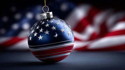 A highly detailed, photorealistic studio Christmas composition featuring a glossy glass Christmas ornament painted in the design of the United States flag, hanging freely in the fo