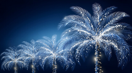 A highly detailed, photorealistic tropical Christmas background featuring tall palm trees illuminated with delicate white holiday lights against a deep blue night sky. The palm fro