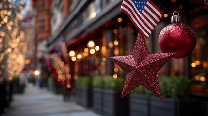 A highly detailed, photorealistic festive street close-up capturing a red sparkling star ornament and a glossy Christmas ball hanging in the foreground, both sharply in focus. The