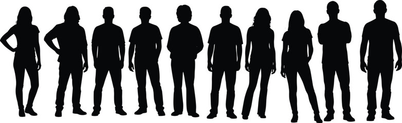 Group of diverse people silhouettes standing together in a row, representing teamwork, community, unity, diversity, and modern society concept