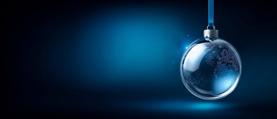 A minimalist, high-detail photorealistic composition featuring a transparent glass Christmas ornament shaped like the Earth, suspended by a thin blue ribbon against a deep blue gra