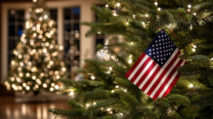 A highly detailed, photorealistic festive interior scene featuring a small American flag displayed prominently among the branches of a richly decorated Christmas tree. The flag is