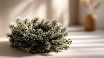 A highly detailed, photorealistic minimalist Christmas composition featuring a natural evergreen wreath positioned slightly off-center on a clean, warm neutral background. The wrea