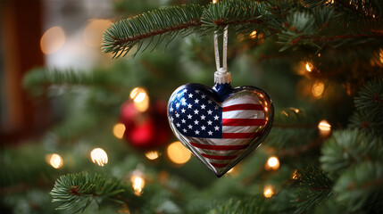 A festive close-up scene featuring a heart-shaped Christmas ornament decorated with the American flag, hanging from a lush green pine branch. The ornament&acirc;s glossy surface reflects