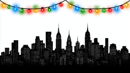 Fototapeta premium A clean, high-contrast vector illustration depicting the iconic New York City skyline as a bold black silhouette against a bright white background. Recognizable skyscrapers such as