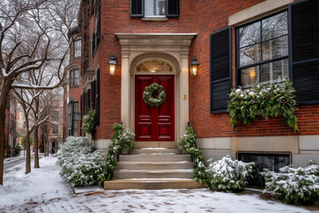 charming winter street-level scene in Boston&acirc;s historic Beacon Hill neighborhood, featuring a classic red brick townhouse adorned with festive Christmas decor. At the center of the
