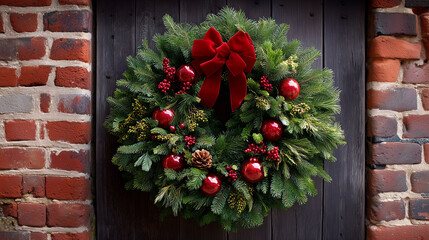 A classic Christmas wreath hangs centered on a dark wooden door set into an aged red-brick wall, creating a timeless holiday composition. The wreath is lush and full, made of deep