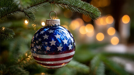 A highly detailed, photorealistic close-up Christmas scene featuring a glossy glass ornament painted with the stars and stripes of the United States flag, hanging from a lush green