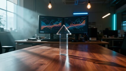 Modern office workspace with data analytics on dual screens and a stylish arrow paperweight on a wooden table.