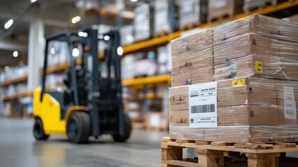 Packed pallet of boxed beverages in warehouse aisle, forklift in background, close-up on product labels and packaging details - Powered by Adobe