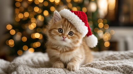 A cozy indoor Christmas scene featuring a cute fluffy kitten sitting calmly on a soft blanket, wearing a classic red Santa hat with white fur trim and pom-pom. The kitten looks dir